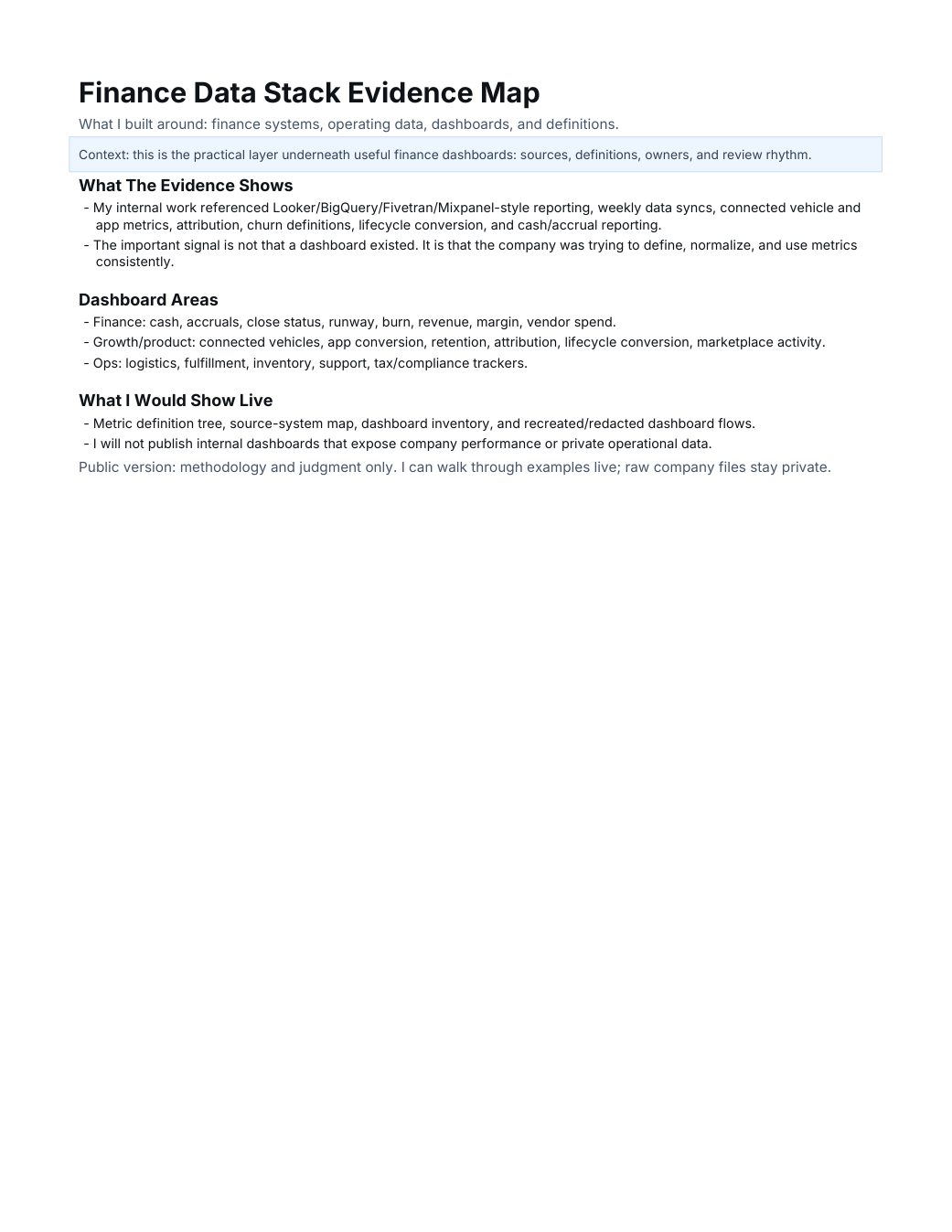 Finance data stack evidence preview