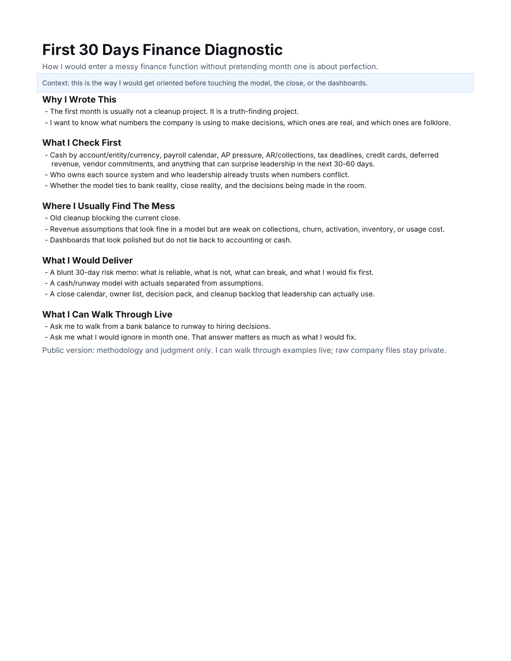 First 30 Days Finance Diagnostic preview
